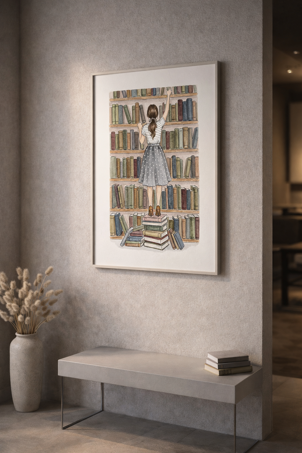 Vintage Bookshelf Girl Illustration