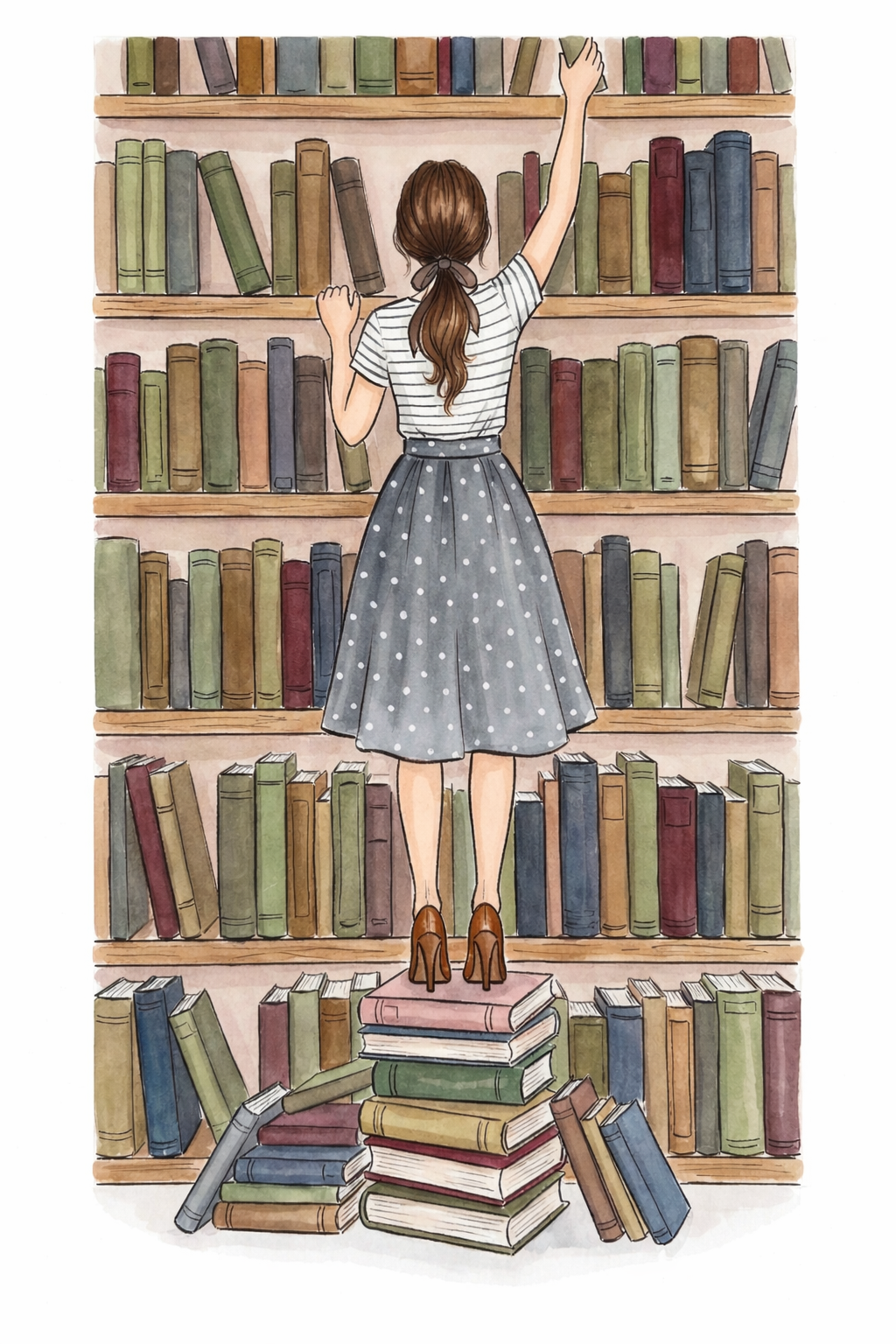 Vintage Bookshelf Girl Illustration