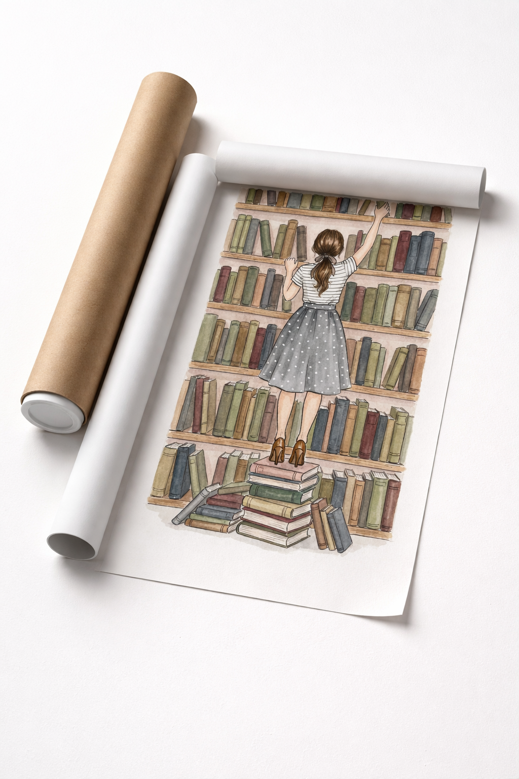 Vintage Bookshelf Girl Illustration