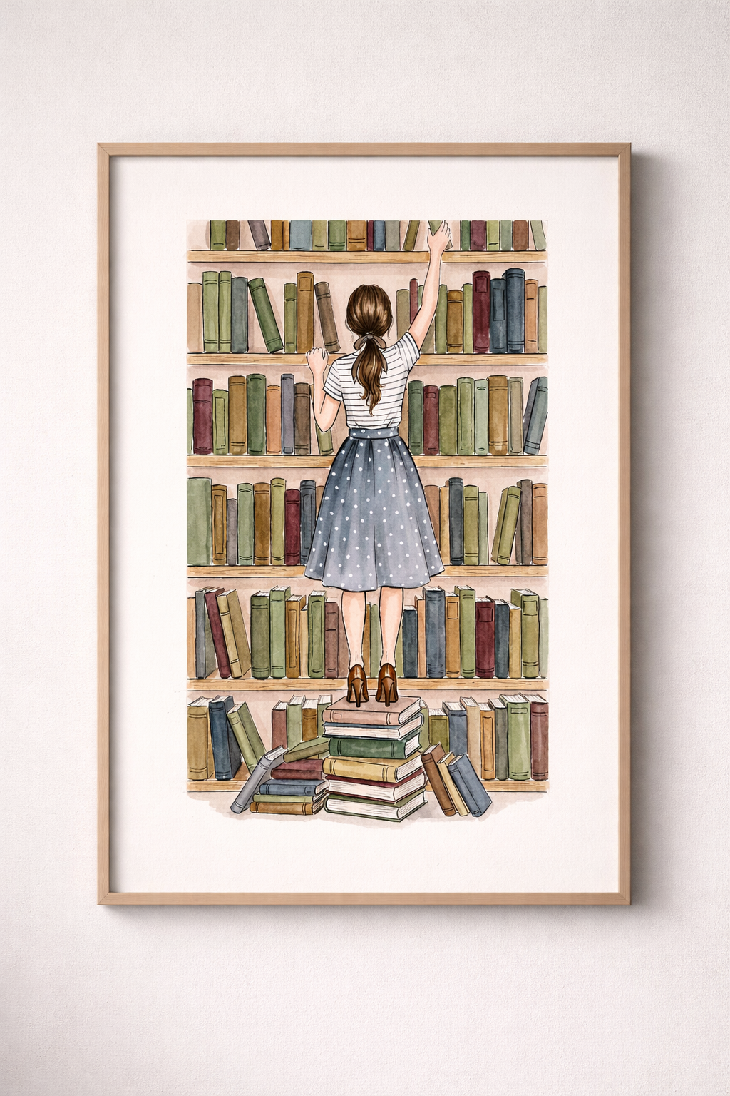 Vintage Bookshelf Girl Illustration