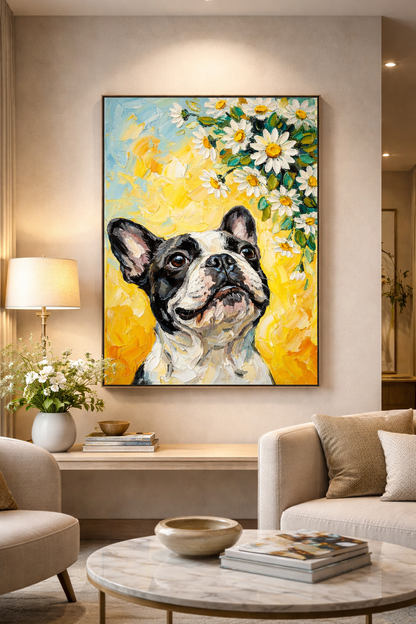 Happy Bulldog Under Daisies