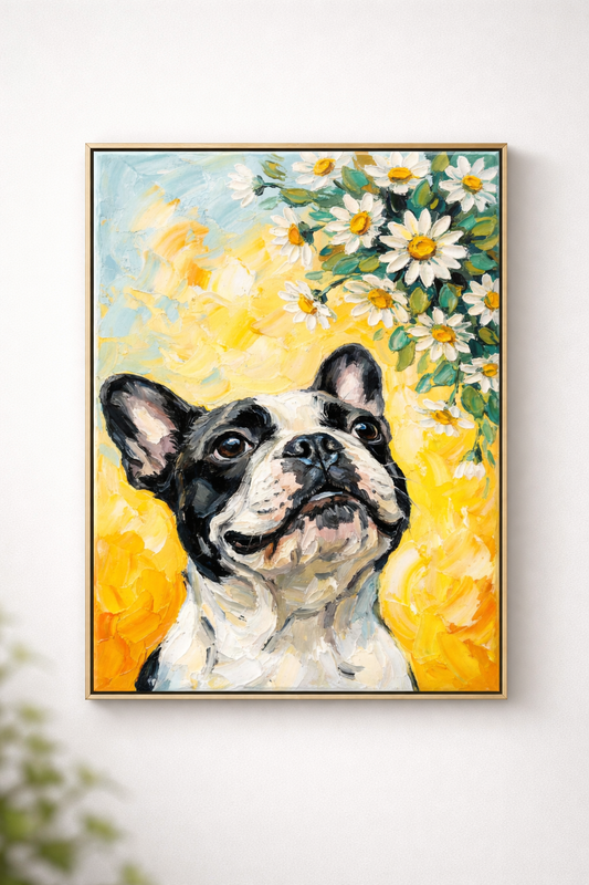 Happy Bulldog Under Daisies