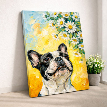 Happy Bulldog Under Daisies