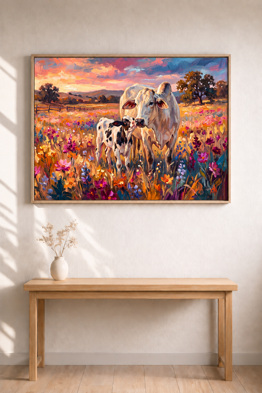 Mother Cow and Calf in a Wildflower Meadow
